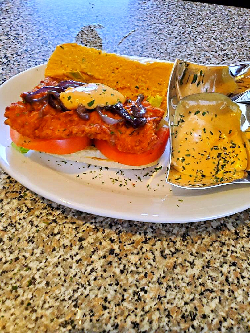 Deep Fried Salmon Hoagie With Special Sauce Top with Purple Carmalized